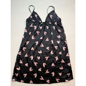 Black Heart Print Satin Lace Trim Chemise Nightgown Leopard Gold Glitter‎ Large
